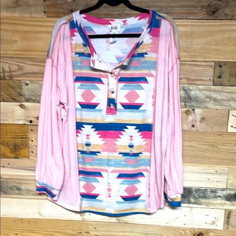 BiBi size S&XL Pink with Aztec Graphic Henley Long Sleeve Soft & Stretchy Blouse